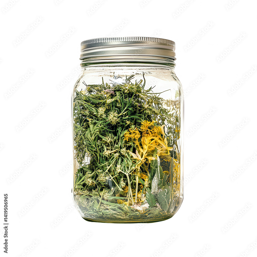 A Close-Up View of Dried Herbs in a Jar Against a Black Background A Close-Up View of Dried Herbs in a Jar Against a Black Background