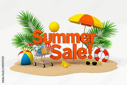 summer-themed promotional image showcases the bold words "Summer Sale!" in red and orange letters, set on a sandy beach with tropical leaves, beach umbrellas, a colorful beach ball, and shopping cart.