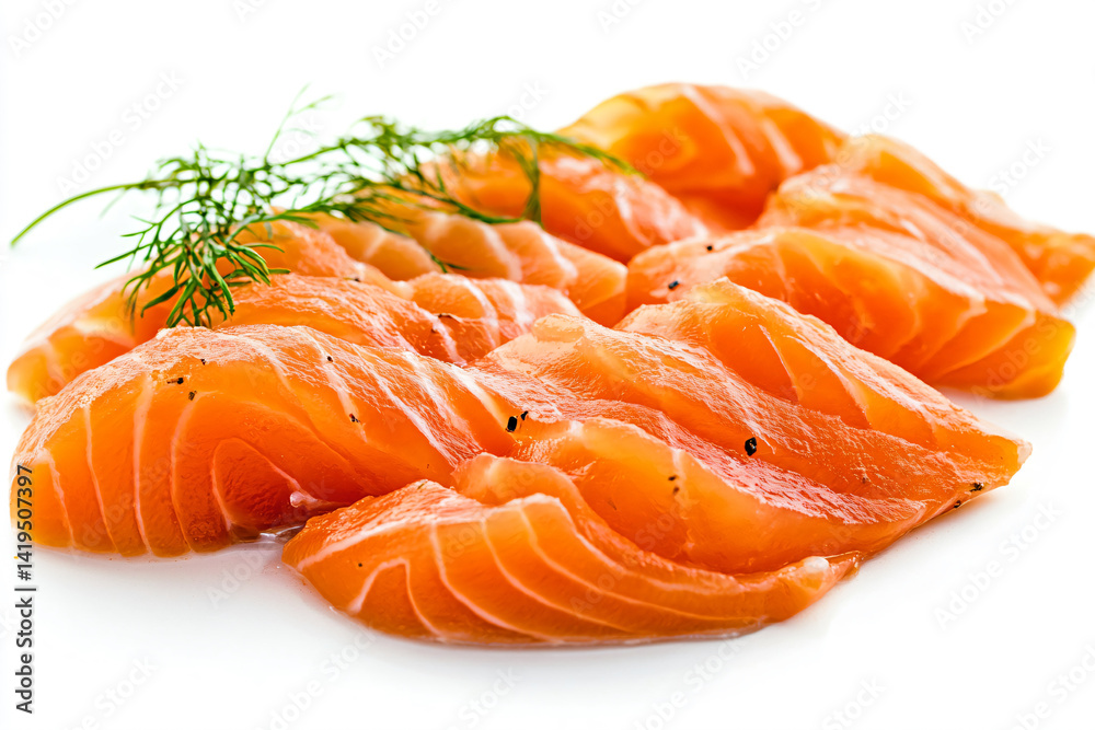a white plate topped with slices of salmon a white plate topped with slices of salmon