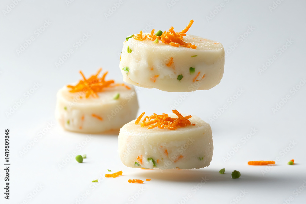 three pieces of food with orange and green toppings three pieces of food with orange and green toppings
