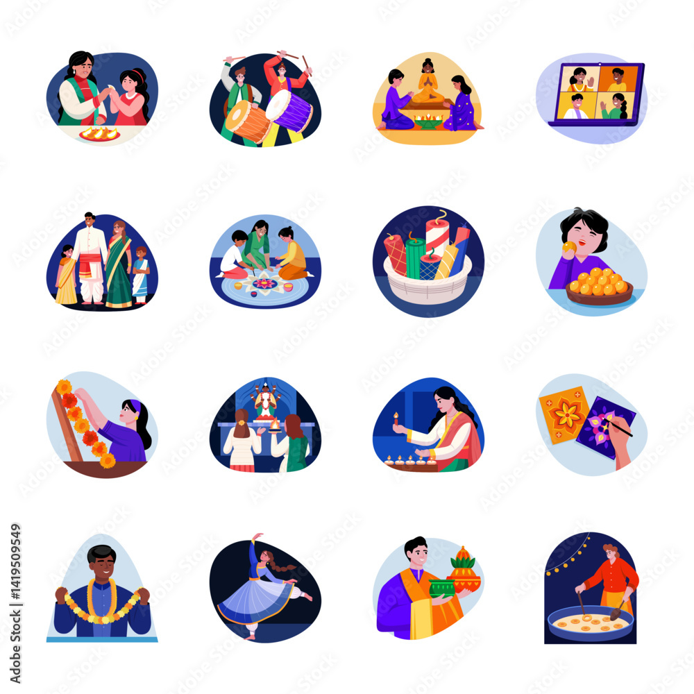 Fototapeta premium Collection of Diwali Tradition Flat Style Illustrations