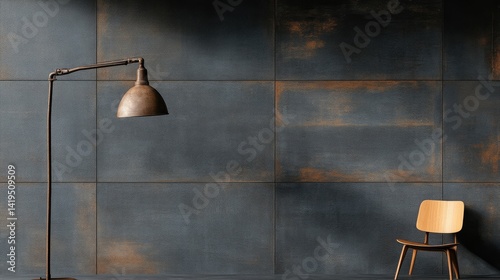 Modern industrial-style room with dark gray metal-look tiles.  A floor lamp and a light wooden chair are displayed