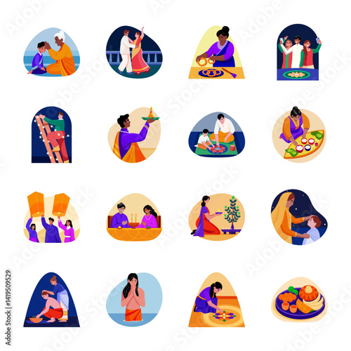 Collection of Flat Style Diwali Art Illustrations 

