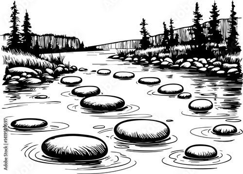 Tranquil river stones canadian wilderness illustration nature scenic view serenity