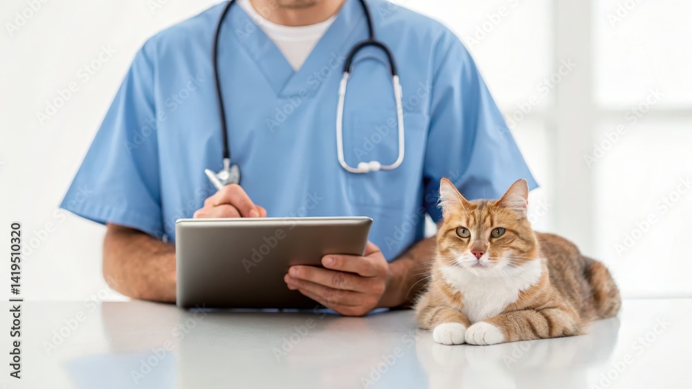 Veterinarian examining a cat with a tablet in a bright clinic setting. Veterinarian examining a cat with a tablet in a bright clinic setting.