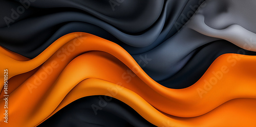Sleek fabric waves in black, orange, and gray create dynamic and modern background, evoking sense of movement and elegance. smooth textures enhance visual appeal