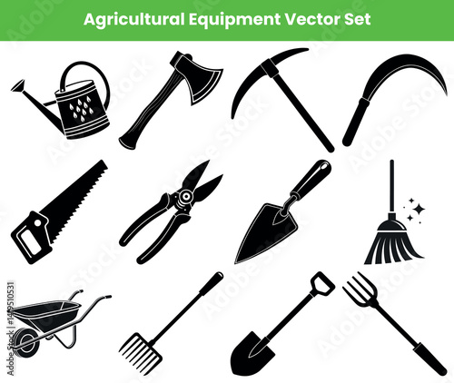 Agricultural Tools Collection Set, Gardening Equipment Isolated on White Background