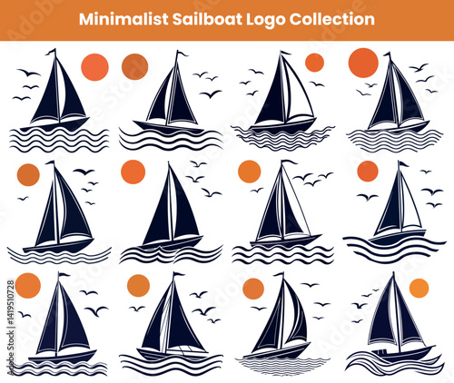 Sailboat Pattern on White Background with Sun, Waves, and Birds, Minimalist Nautical