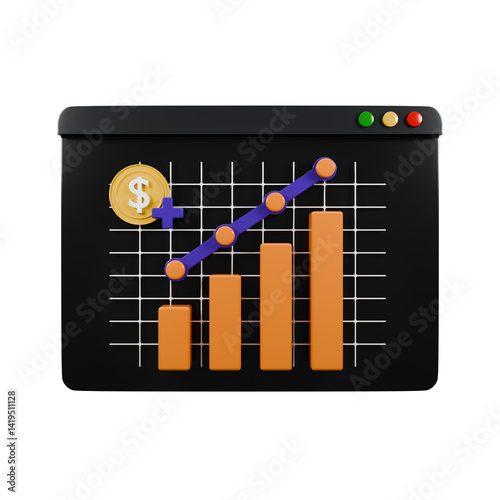 Front view of dark theme business graph 3d render. Business or investment growth illustration.