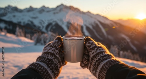 Hands holding hot cocoa in winter, photo