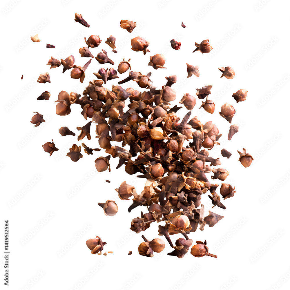 Fototapeta premium Dry chopped cloves flying, Syzygium aromaticum, isolated on white --v 7.0