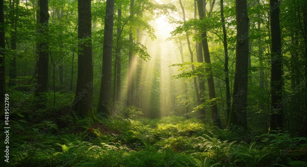 Obraz premium Forest with sunlight beams, Photo