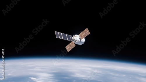 Spacecraft orbiting Earth.  A small satellite, with solar panels, floats in the inky blackness of space, above a visible Earth