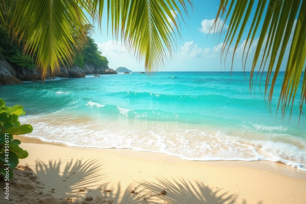 Obraz premium Tropical beach scene clear turquoise waves gently hitting the shore lush green palm leaves in the foreground golden sand sunny