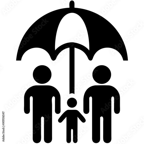 family under umbrella protecting child in minimalistic style  