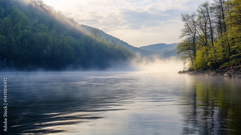 Serene misty sunrise over a calm river reflecting lush green hills and soft morning light creating a Serene misty sunrise over a calm river reflecting lush green hills and soft morning light creating a