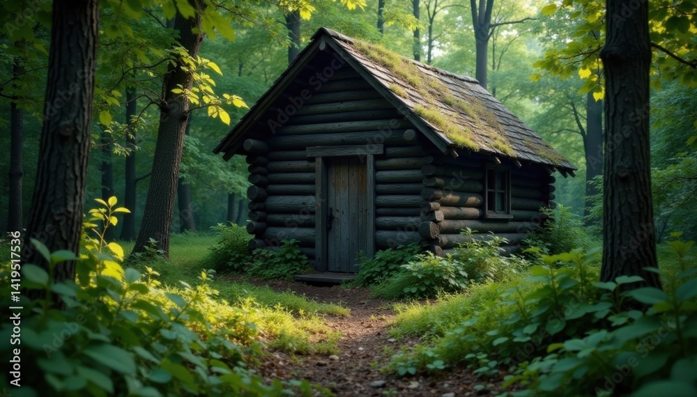 Old cabin in the woods with a dark wooden door and overgrown vegetation, wilderness, rustic, nature Old cabin in the woods with a dark wooden door and overgrown vegetation, wilderness, rustic, nature