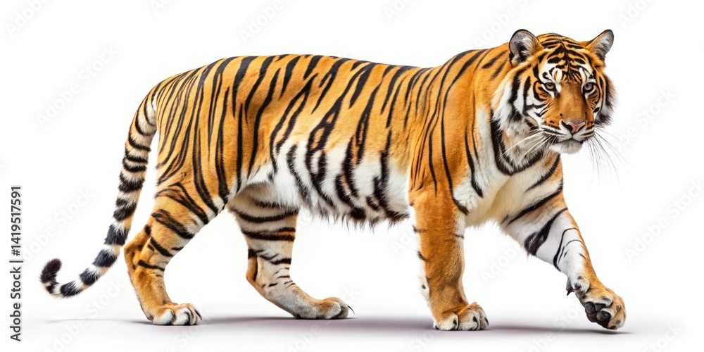 Obraz premium Majestic Tiger Side Profile, White Background, Fashion Photography, Wildlife, Animal Print, Big Cat, Elegant, Powerful, Wild, Nature