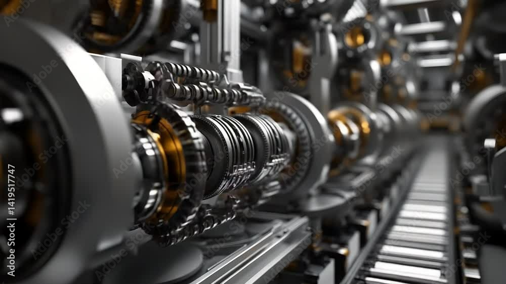 Complex Machinery: Intricate Silver and Golden Mechanical Details in Motion Close-Up Complex Machinery: Intricate Silver and Golden Mechanical Details in Motion Close-Up