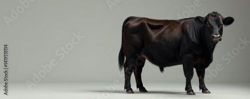 Proud Angus calf, dark coat, striking pose, clean background, profile, mammal, agriculture