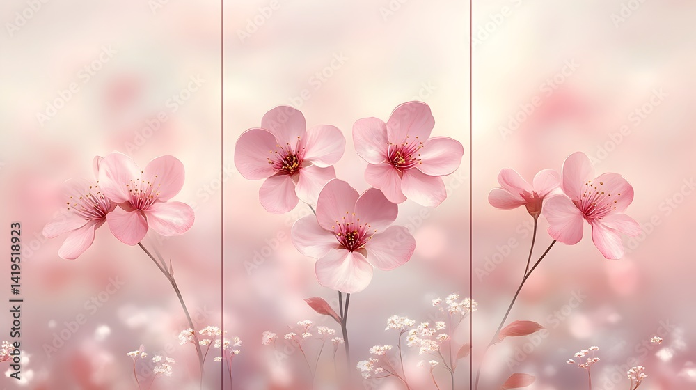 Fototapeta premium Delicate pink cherry blossoms gracefully bloom in a soft light dreamy pastel floral triptych wall art print.