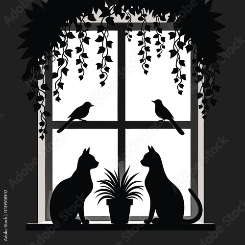 Cat and Bird Window Silhouette with Hanging Plants – Cozy Home Wall Art

