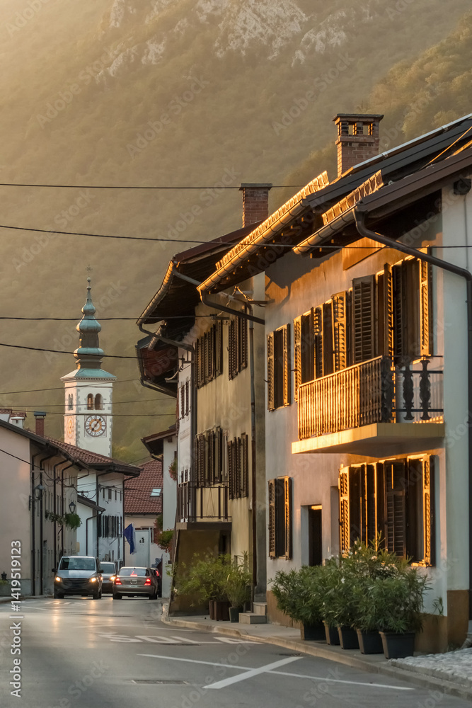 Beautiful sunset scene in Kobarid town, Slovenia