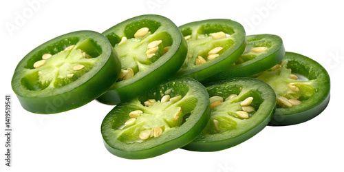 Sliced Jalapeno Peppers: A vibrant stack of fresh jalapeno pepper slices, showcasing their vibrant green hue and seeds. Perfect for adding a spicy kick to your culinary creations.