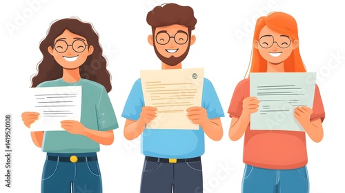 Three happy diverse young adults proudly display their certificates after successful graduation or achievement.
