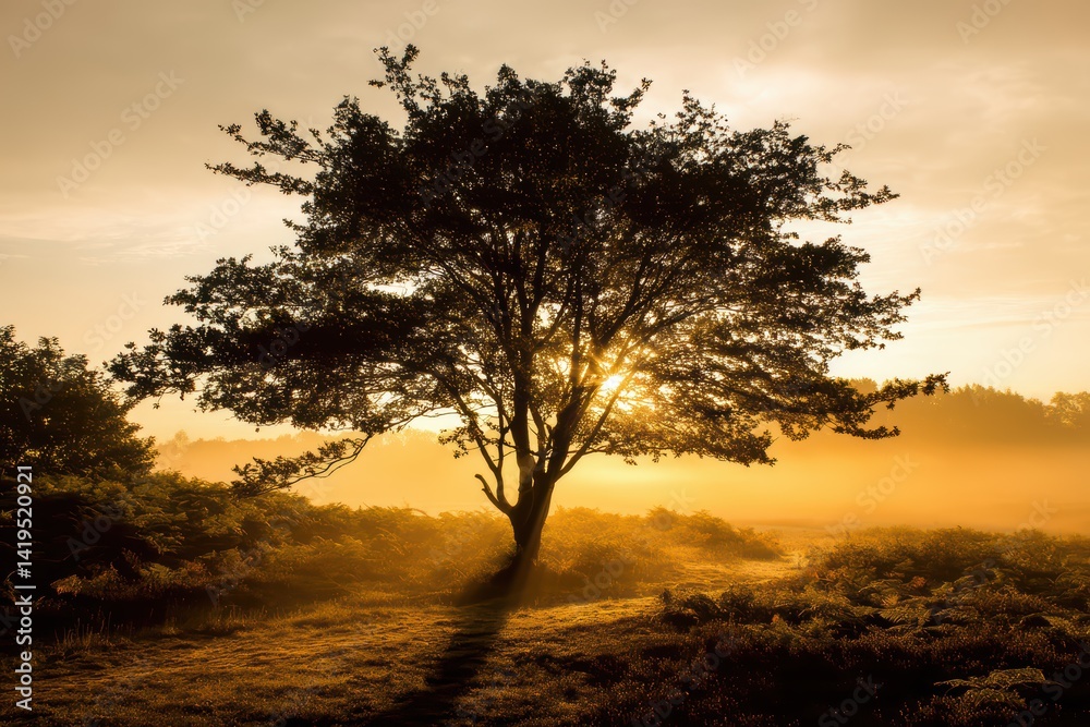 Sunset Silhouette of Solitary Tree with Golden Rays Sunset Silhouette of Solitary Tree with Golden Rays