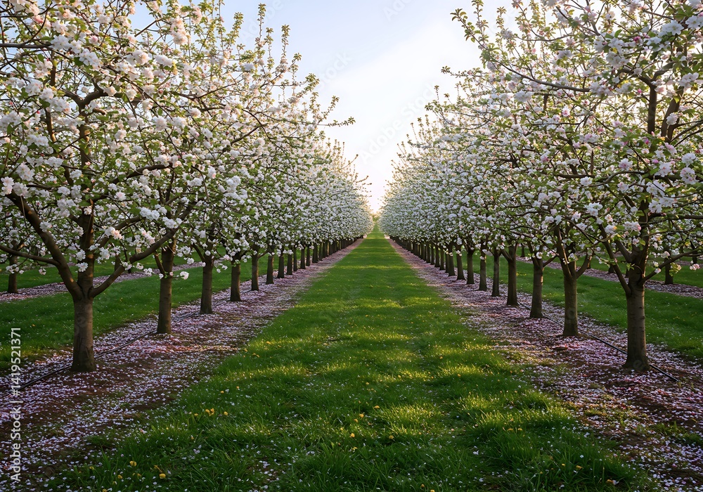 Naklejka premium Delicate white blossoms adorn rows of apple trees in a spring orchard, creating a picturesque pathway lined with soft grass and scattered petals illuminated by sunlight