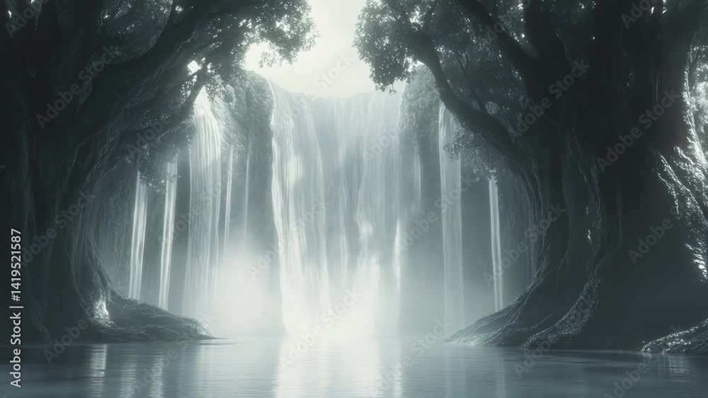 Mystical waterfall flowing into a calm pond surrounded by old trees in a foggy forest