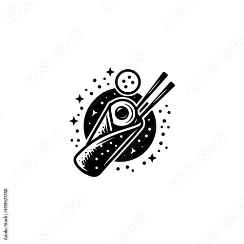 Minimalist vector logo of spring roll with chopsticks, representing Asian and American fusion snack 