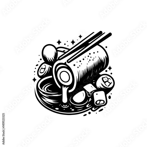 Drawing of stacked spring rolls on round plate in line art style, traditional lumpia food concept