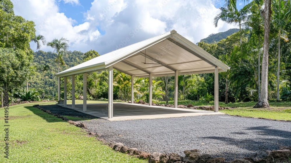 Carport roof featuring corrugated PVC panels with reinforced corners and water drainage slope Carport roof featuring corrugated PVC panels with reinforced corners and water drainage slope