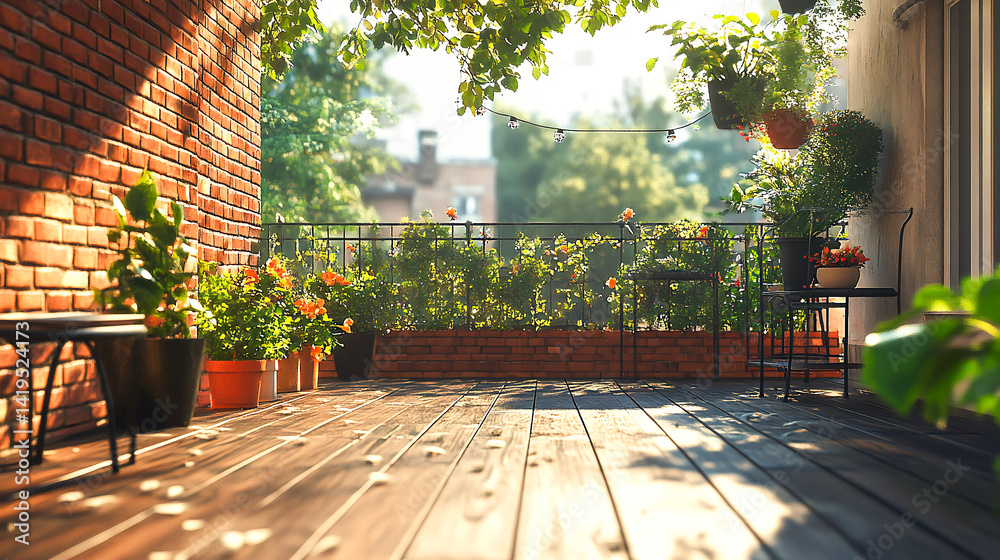 Fototapeta premium Modern rooftop terrace panorama with dark wood deck flooring, lush plants, brick fence, and sleek black garden furniture. Stylish outdoor living space design
