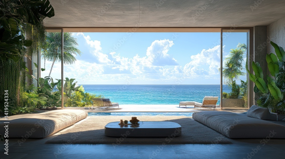 Fototapeta premium Tropical oasis: Luxurious beachfront living with ocean views and lush vegetation