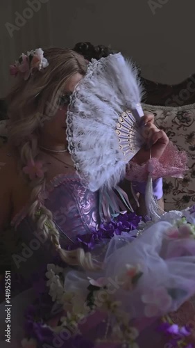 A girl dressed in the style of a Victorian boudoir, in a corset and crinoline of lilac color, in flowers