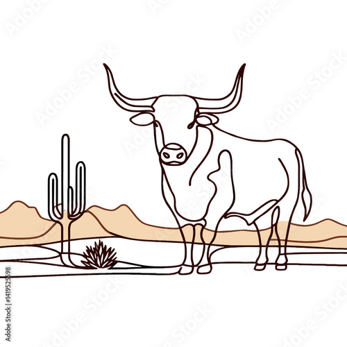 Line art illustration of a Texas Longhorn bull with desert landscape elements