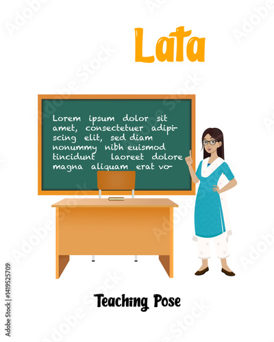 Indian female teacher teaching vector cartoon character illustration | Female teacher in classroom