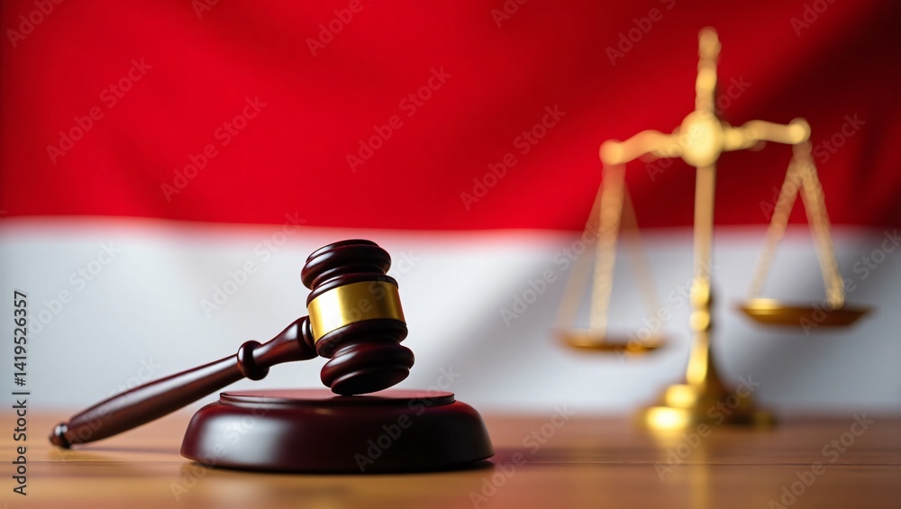 Justice Gavel and Scales of Justice before a Flag Justice Gavel and Scales of Justice before a Flag