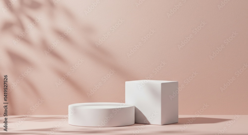Two white geometric podiums on a light pink background with leaf shadows.