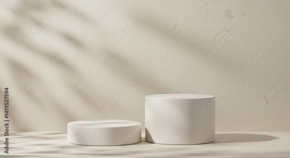 Two white podiums stand in front of a wall with plant shadow. Two white podiums stand in front of a wall with plant shadow.