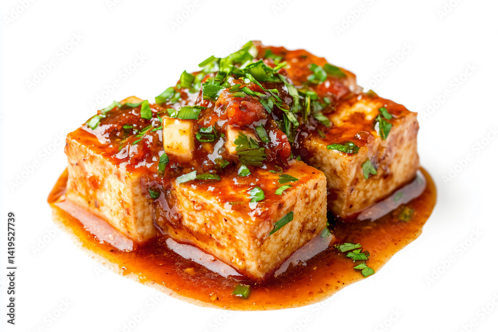 a plate of tofu with sauce and herbs