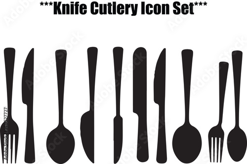 A clean and modern graphic design featuring black silhouettes of various cutlery pieces (forks, knives, spoons) arranged against a plain white background.