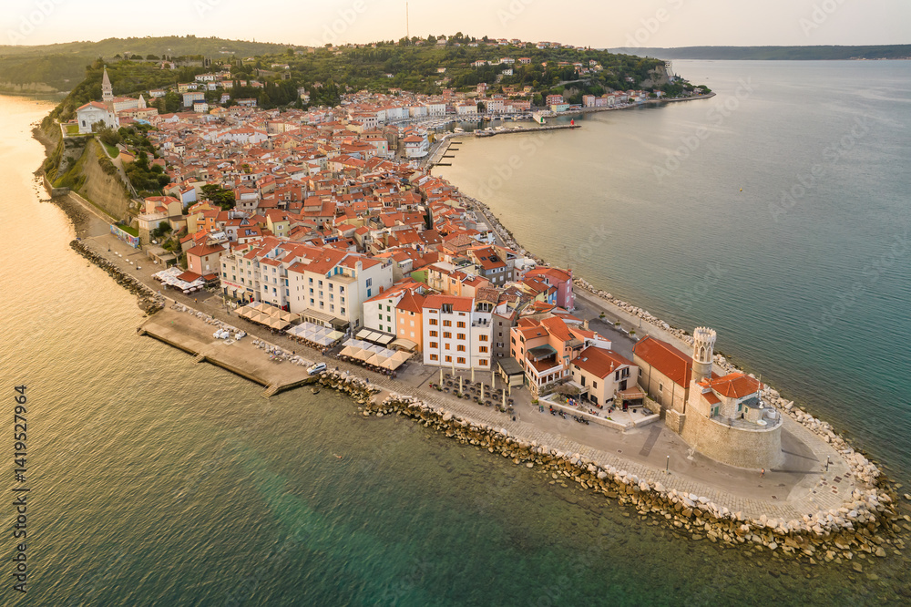 Aerial view of the Piran old town at sunrise , Slovenia