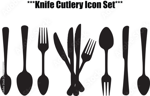 A clean and modern graphic design featuring black silhouettes of various cutlery pieces (forks, knives, spoons) arranged against a plain white background.