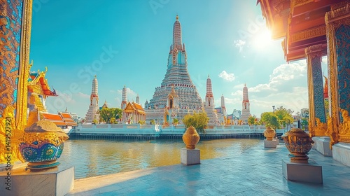 Serene waterside view of Wat Arun Ratchawararam Ratchawaramahawihan in Bangkok