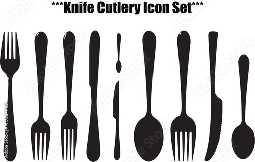 A clean and modern graphic design featuring black silhouettes of various cutlery pieces (forks, knives, spoons) arranged against a plain white background.