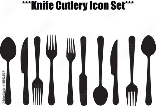 A clean and modern graphic design featuring black silhouettes of various cutlery pieces (forks, knives, spoons) arranged against a plain white background.